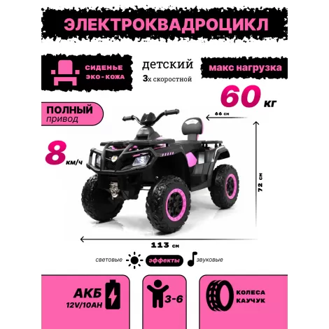 Детский электроквадроцикл T001TT 4WD розовый